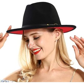 VANTOBEST Classic Fedora Hat, Wide Brim Pork Pie Hat, Two Tone Flat Hat, Panama Hat, Jazz Cap with Belt Buckle, for Men and Women, Black, 1, black