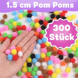 300 Pieces 1.5 cm Pompoms, Colourful Pompoms for Crafts, Pom Pom Set in 9 Colours for Crafts, Pompoms for Crafts for Children, Fluffy Craft Balls for DIY, Party Decoration, Garlands, Hair Accessories