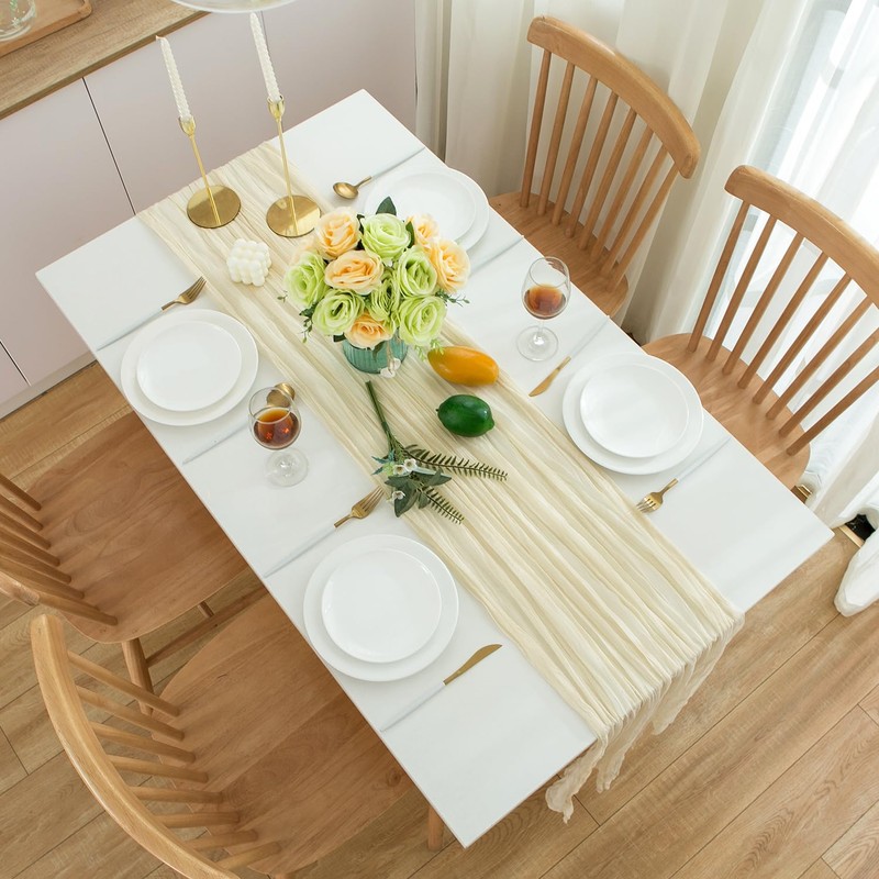 CHUQING Table Runner Beige Boho Gauze Cheesecloth Table Runner for