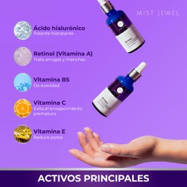 MIST JEWEL Serum Facial Retinol (Vit A), Ácido hialurónico, Vitamina C, Vit E, B5, hidratante y reparador | Suero para hombres y mujeres Anti manchas Nocturno, cuidado facial iluminador e hidratante de alta efectividad 50ml