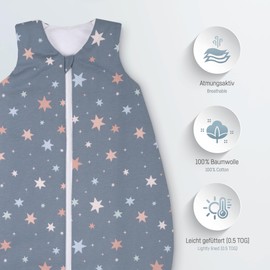 Julius Zöllner Summer Sleeping Bag Jersey 0.5 Tog, Washable at 60°C, Made in Germany, Oeko-Tex Standard 100, Shiny Stars, Size 80/86