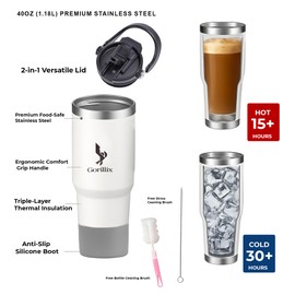 Gorillix 40oz Tumbler with Handle, Stainless Steel Vacuum Insulated Water Bottle, Double Wall, Leak-Proof, BPA-Free, Silicone Boot, Cleaning Brushes, Large Capacity Travel & Hiking Mug. (WHITE)