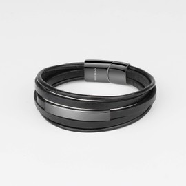 Meixao Bracelet for Men Cowhide Genuine Leather Women Unisex Stainless Steel Magnetic Clasp Wristband (Black, 23)