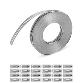 QWORK Large Metal Pipe Clamp Set - 304 Stainless Steel Strap, 32.8ft Strap with 24 Stronger Fasteners for Secure Installation, Corrosion-Resistant, Waterproof, with Smooth Edge Design