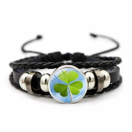 Four Leaf Clover Bracelet for Women Men Irish Shamrock St Patricks Charm Beaded Adjustable Bangle Woven Leather Braided Inspired Couple Bracelets Promise Jewelry Gifts St. Patrick's Day (Style 11)