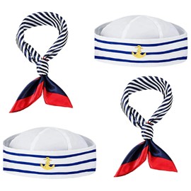 YEWCEP Sailor Hat, 4-Piece Set with 2 Stripes Sailor Hat and 2 Scarf Stripes, Sailor Costume Sailor Hat Scarf for Costume Parties, Cosplay and Theme Events