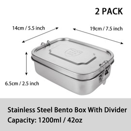 LDHHYH 2 Pack 1200ml / 42oz Stainless Steel Bento Box, 2-Compartment Metal Lunch Box with Removable Divider, Large Bento Lunch Containers with Double Secure Locks – Dishwasher Safe