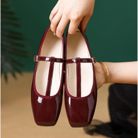 ANUFER Women's Flat Mary Jane Shoes Buckle T-Strap Ballet Pumps SD5A1208 Burgundy UK5