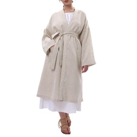 Amazhiyu Womens Pure Linen Mid Length Kimono Robes Lightweight Long Sleeve Bathrobe Flax, S-M
