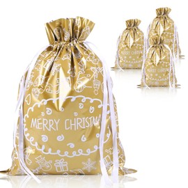 QRTDXP Brown 39 * 51cm Large Size Xmas Gift Wrapping Bag, 4pcs Christmas Goody Drawstring Bag for Christmas Party-gold