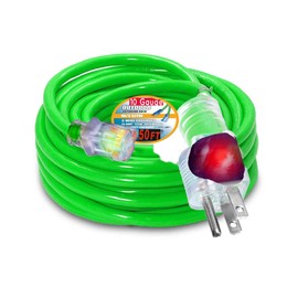 pizety 10 Gauge 50 FT Extension Cord 10/3 Contractor SJTW – Heavy Duty Outdoor Extension Cable, Waterproof & Flexible with Lighted Ends, 10 awg Copper Wire 3-Prong Plug 125V 15A 1875W ETL Listed green
