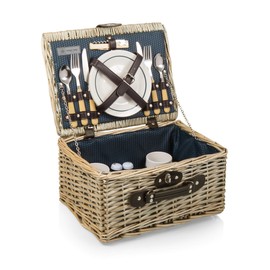 PICNIC TIME Catalina Picnic Basket for 2, Classic Deluxe English Handwoven Wicker Basket with Genuine Leather Accents and Full Service for Two, (Dahlia Collection - Navy Blue with Beige Pattern)
