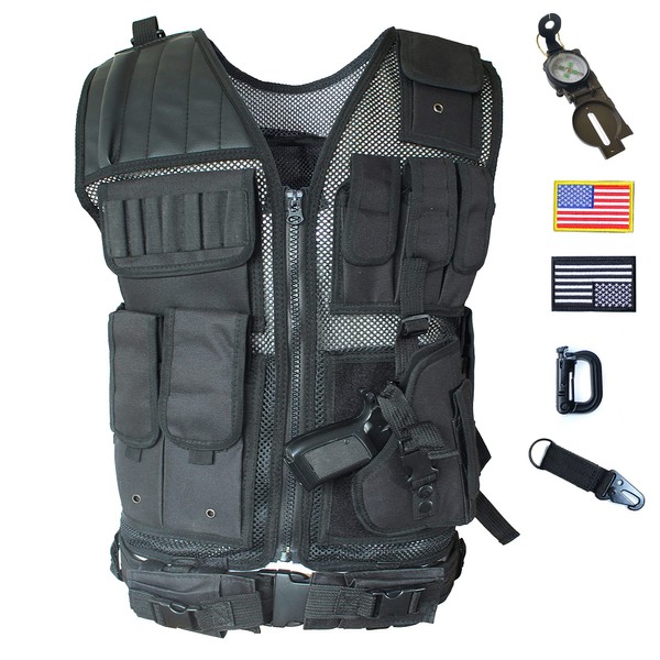 Black Tactical Vest with Holster Adjustable Waist for Combat Airsoft Paintball Training Adults Men Size XX-Large-3X-Large