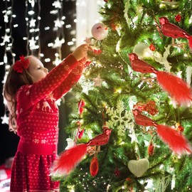 UNOLIGA Christmas Tree Decorations Birds Glass, 4 Pieces Christmas Tree Decoration Red Bird with Feathers, Cute Christmas Tree Decoration, Artificial Glass Birds with Clip (2023 Improved Version)