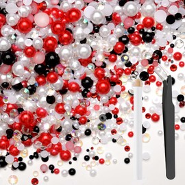 Bouiexye 80 g Mix Half Beads and Rhinestones for Crafts 2 mm - 10 mm Flat Back Beads and Rhinestones Mix for Face Nail DIY Cups Crafts Tumbler Shoes Semicircular Beads (Red Black White)