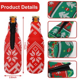 JarThenaAMCS 6Pcs Christmas Beer Bottle Jacket Sleeve Ugly Sweater Neoprene Bottle Insulator Cover Red Green Thermocoolers Zip-Up Bottle Cooler for Xmas Winter Party, 2.8 x 7.7 In