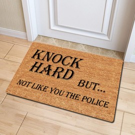 Julia Funny Welcome Mat Home Decor Doormat Knock Hard But Not Like You The Police Funny Welcome Doormat (23.7 in X 15.6 in) Fabric Top with a Anti-Slip Rubber Back for The Entrance Way Indoor Mat