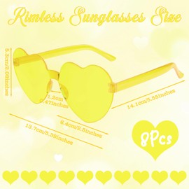 PLULON 8 Pairs Heart Sunglasses for Women Yellow Heart Glasses Rimless Heart Shaped Sunglasses Candy Color Fun Glasses for Party Favor (Light Yellow)