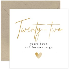 Old English Co. Twenty-two Years Down Forever To Go Wedding Anniversary Card for Husband or Wife - Special Gold Foil 22nd Anniversary Celebration Card - Twenty-second Anniversary | Blank Inside