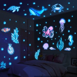 Yosemy Wall Sticker Luminous Ocean Sea Animals Fluorescent Wall Sticker Underwater World for Children's Room Decorative Sticker Wall Decoration Blue