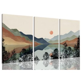 Bwodke Framed Mountain Wall Art Nature Landscape Watercolor Sun Forest Canvas Picture Prints Set of 3 Artwork Painting Home Wall Decor for Living Room Bedroom Office