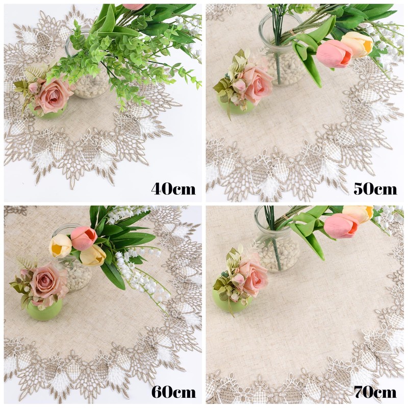 URROMA Linen Round Doily,20x20 Inch Beige Table Cover with Lace