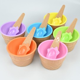 Set of 6 Ice Cream Dessert Bowls and Matching Spoons, Ice Cream Bowls Waffle Cups Shape Children Dessert Bowls and Spoons Set，Candy-Colored Ice Cream Bowl, for Ice Cream, Dessert, Salad, Fruit, Food