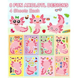 Aowplc 32 Sheets Axolotl Make-a-Face Stickers Mix 'n Match Crafts for Kids Axolotl Party Favors & Activities