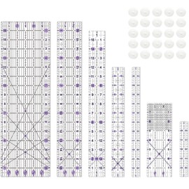 HLZC Quilting Ruler, Sewing Ruler, 8 Pack, Acrylic Quilting Templates(6"x17",3"x17",2"x16",1.5"x12",1"x12",1"x6",6"x3"), Non Slip Rings 25 Pieces, Sewing and Quilting Supplies - Clear/Purple