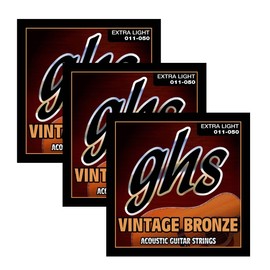 GHS Strings VN-XL VINTAGE BRONZE Acoustic Guitar Strings, 6 Set, Extra Light (11-50), Pack of 3