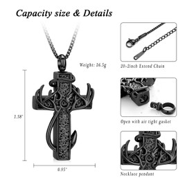 XSMZB Cross Cremation Jewelry Urn Necklace for Human Ashes Fish Hook Memorial Urn Pendant Deer Antler Cross Ashes Holder Keepsake Jewelry(Black)