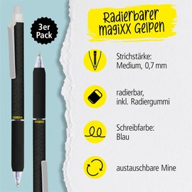 Online magiXX, 3 x Erasable Pen Black I Gel Pen Blue Erasable with 0.7 mm Line Width I Rollerball Pen for Learning to Write Office I Erasable Pen Set I Erasable Ballpoint Pen Student