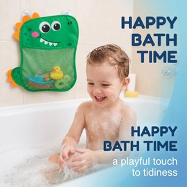 FIQLUL Cesta Porta Giochi Bagnetto Bambini - Organizzatore Bagno con Rete a Motivo Dinosauro, Borsa a Rete per Giocattoli Vasca e Doccia, Portaoggetti da Appendere Traspirante, 39 x 35 cm