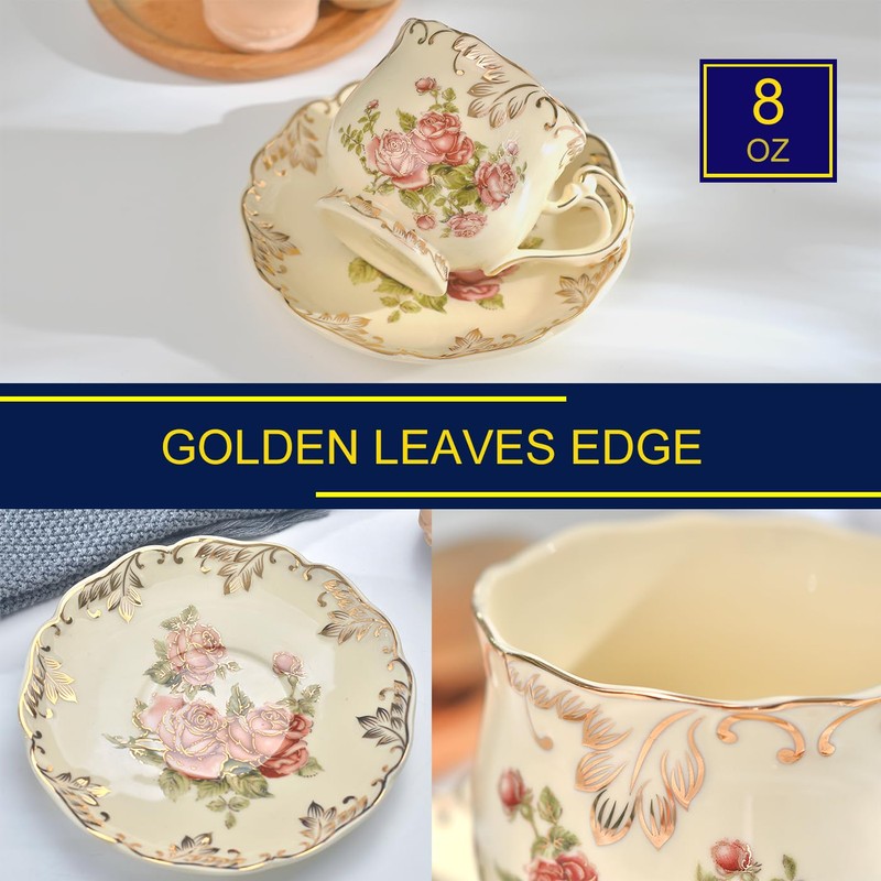 YOLIFE Tea Cups and Saucers Set of 2, Porcelain Floral