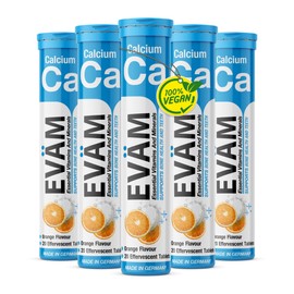 EVÄM Calcium Brausetabletten Orange I Geschmack Orange I 5x 20 Stück I Nahrungsergänzungsmittel mit wichtigen Vitaminen für den täglichen Vitaminbedarf I Vegan I Zuckerfrei I Made in Germany