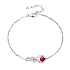 LOCIBLO July Birthstone Bracelets for Women 925 Sterling Silver Red Synthetic Ruby Bracelet White Gold Infinity Pendant Jewellery for Her, 6.7"+1.2"