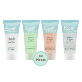 Eco Botanics 0.85 oz. Toiletries Set | 1-Shoppe All-In-Kit Amenities For Hotels, Airbnb & Rentals | Hotel Shampoo & Conditioner, Body Wash, Body Lotion | 80 Piece Travel Set