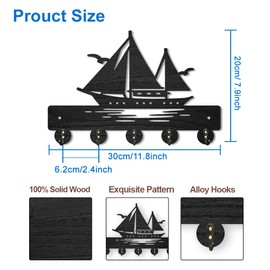 MAYJOYDIY Boat Coat Rack Wall Mount Sailboats Seagulls Sea Wood Key Holder for Wall 11.8×7.9inch Decorative Key Hooks with 5 Alloy Hooks for Gift, Entryway, Front Door, Hallway, Kitchen, Office