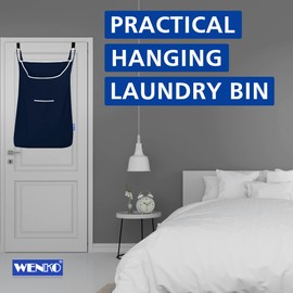WENKO Laundry Hamper Bag Hanging, Over The Door Basket with Hooks, for Bathroom, Closet, Space Saving Storage, Wall mounted 3.94 x 20.47 x 31.89 in, Navy