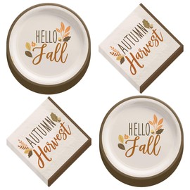 HOME & HOOPLA Golden Autumn Hello Fall Round Paper Dessert Plates and Autumn Harvest Beverage Napkins (16 Plates & Napkins)