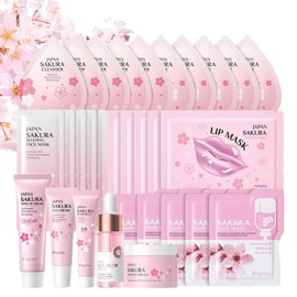 Sakura Skincare Set for Women with Hydrating Cleanser, Toner, Serum, Cream, Mask,Cherry Blossom Extract, Hyaluronic Acid, Niacinamide,Face Moisturizing & Smoothing,Gift for Teenage Girls,30 PCS