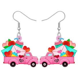 SHIGIE Valentine's Day Acrylic Romantic Vintage Truck Earrings Dangle Heart Rose Envelopes Car Festival Gifts For Women Gifts (Pink)