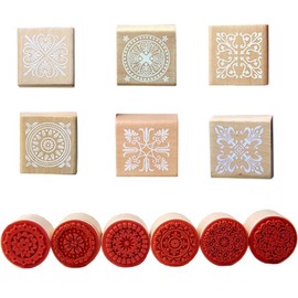 Sweieoni Wooden Stamps, Pack of 12 Square Stamps, Round Stamps, Vintage, Various Floral Pattern, Stamps, Ornaments, Vintage Wooden Handle, Shaped Wooden Stamps for Stamps, Ornaments, DIY Crafts