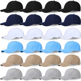 24 Pcs Blank Baseball Cap Bulk Classic Back Strap Adjustable Plain Cap Baseball Hat Cotton Polyester Dad Hat Unisex Trucker Hat for Men Women Outdoor Activities Sport, 6 Colors