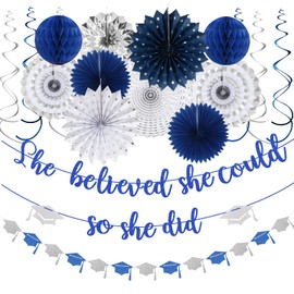 Navy-Blue White-Silver Party-Decoration Graduation Banner - 18pcs She believed she could so she did
