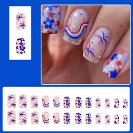 Mkwntg 24Pcs Independence Day Press on Nails Medium Almond Fake Nails with Colorful Flower Design 4th of July Acrylic False Nails Firework Glue on Nails Spring Summer Floral Stick on Nails for Women