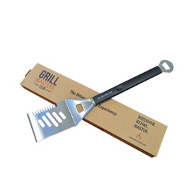 Grill Masters Club 4-in-1 BBQ Spatula | Multifunctional Stainless Steel Grill Spatula with Polypropylene Handle, Serrated Edges, Bottle Opener | Perfect for BBQ grills, kebabs for Camping & Picnics