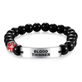 COMTRUD Medical ID Bracelet Stainless Steel Bend Brand ID Tag for Men Obsidian Medical Alert Beaded Bracelet Jewelry Blood Thinner