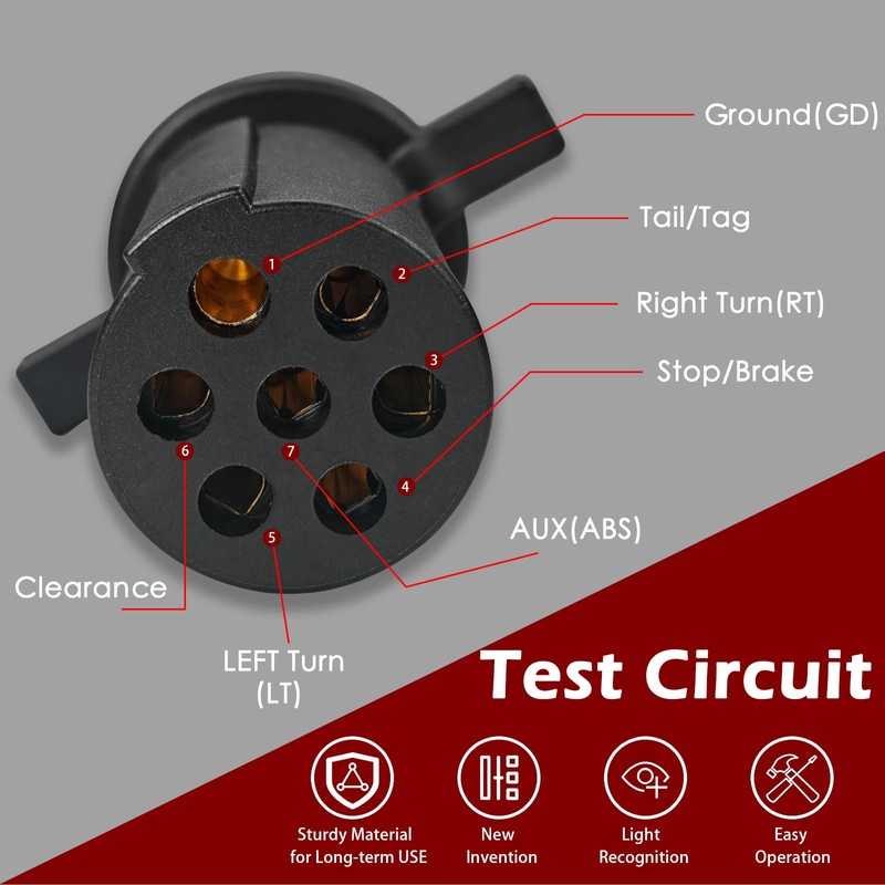 KOONDHEEND 7-Way Round Pin Trailer Truck Circuit Plug Tester Replace