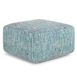 SIMPLIHOME Nate Square Pouf - 20 inch Wide Upholstered Handwoven Cotton Ottoman in Patterned Teal Melange, Boho Footstool or Extra Seating for Living Room with Artisanal Texture, Assembled
